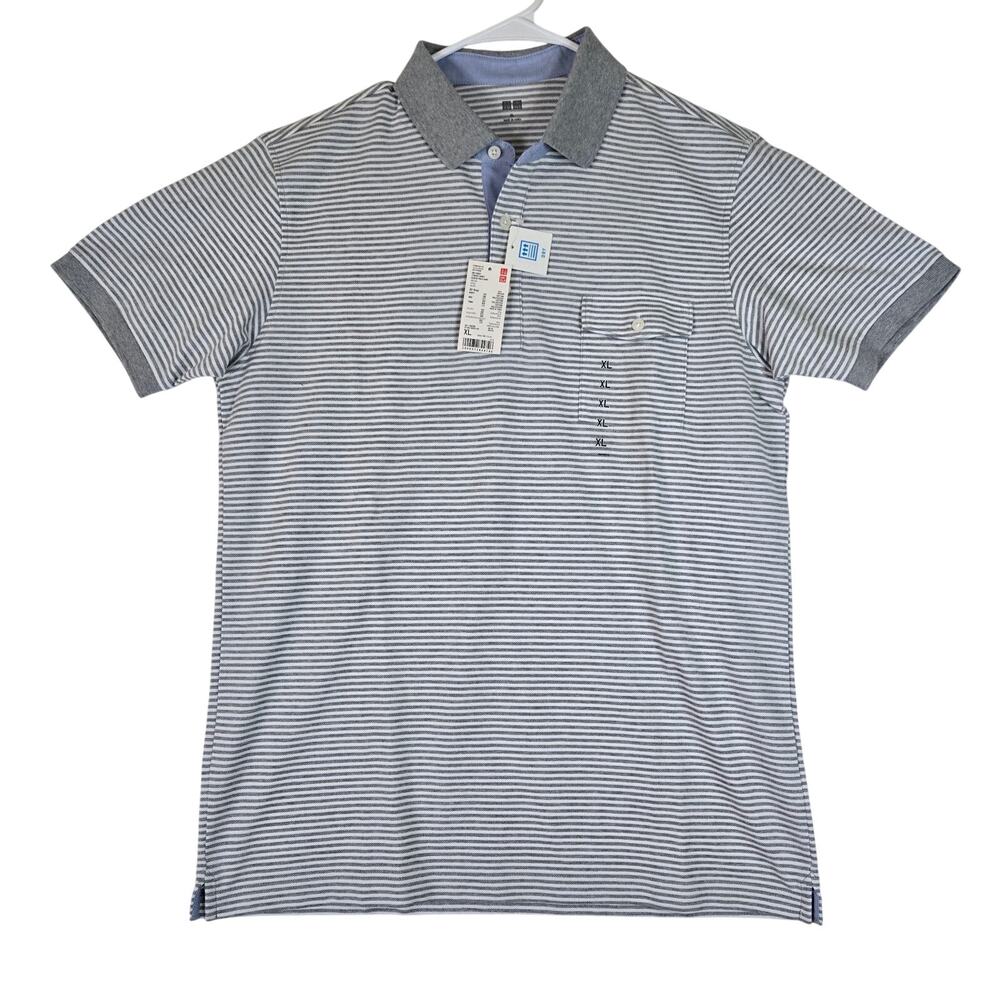 Uniqlo Polo Shirt Mens XL NWT Grey White Stripe 0863